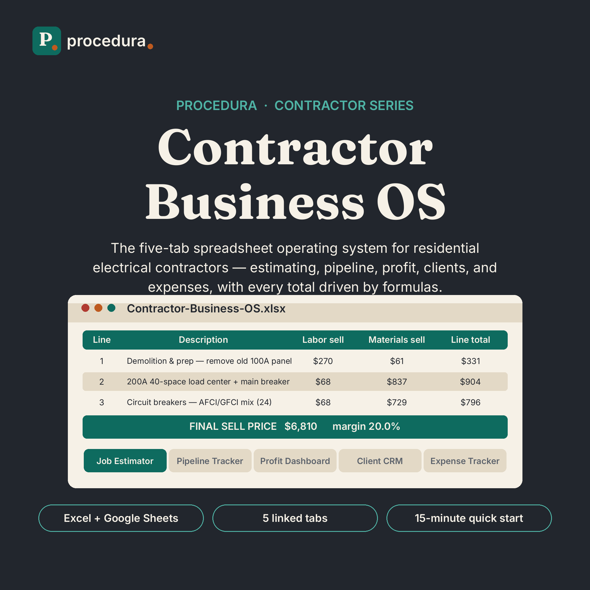 Contractor Business OS — five-tab spreadsheet operating system preview