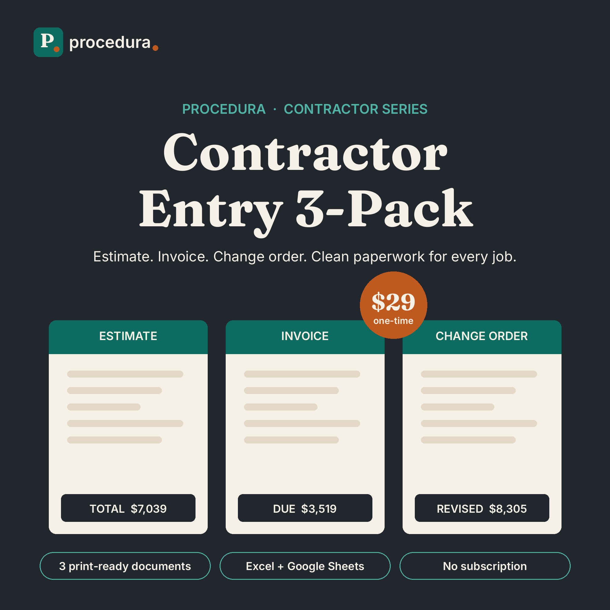 Contractor Entry 3-Pack — estimate, invoice, and change-order templates preview