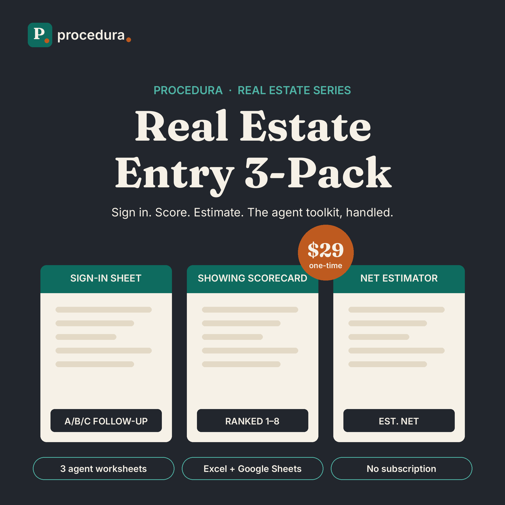 Real Estate Starter 3-Pack — sign-in sheet, showing scorecard, and net proceeds estimator preview